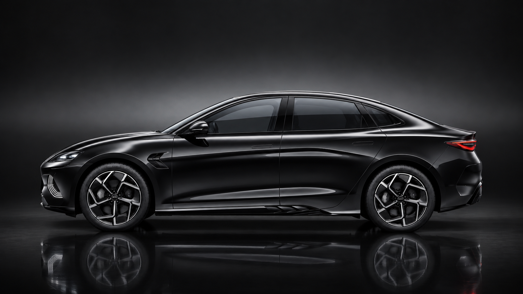An illustrative electric vehicle in a dark, softly lit setting