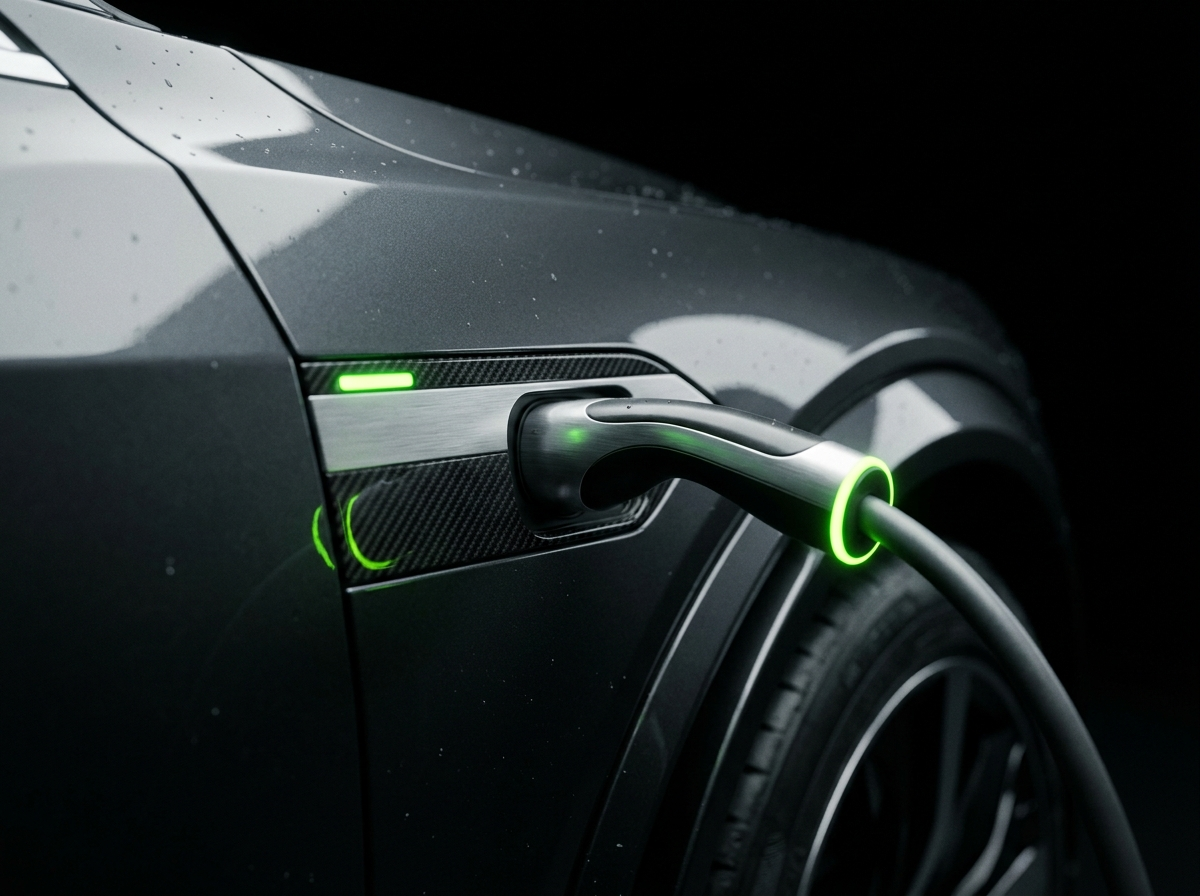 Close-up of an EV charging port with a volt-green indicator