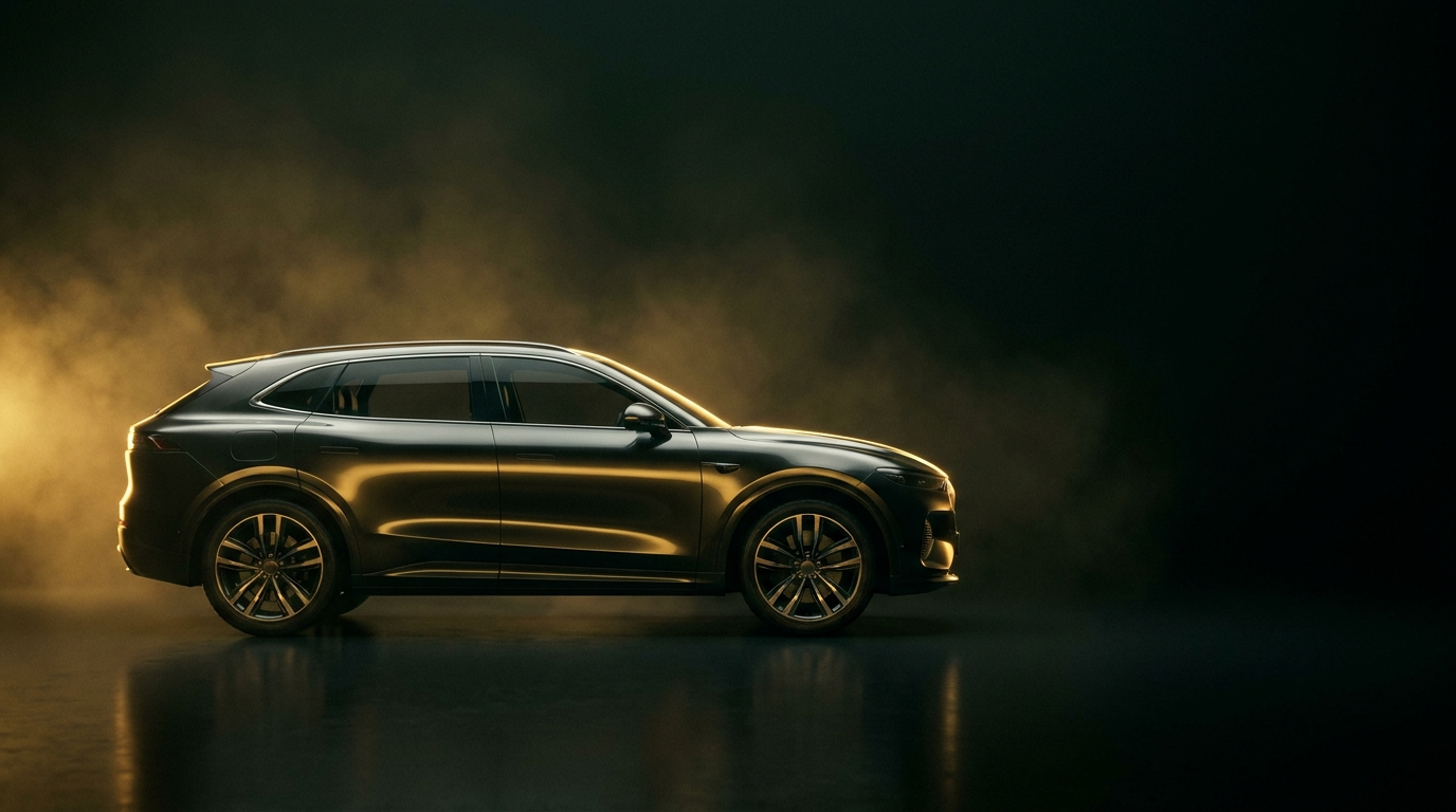 An electric SUV bathed in warm golden light