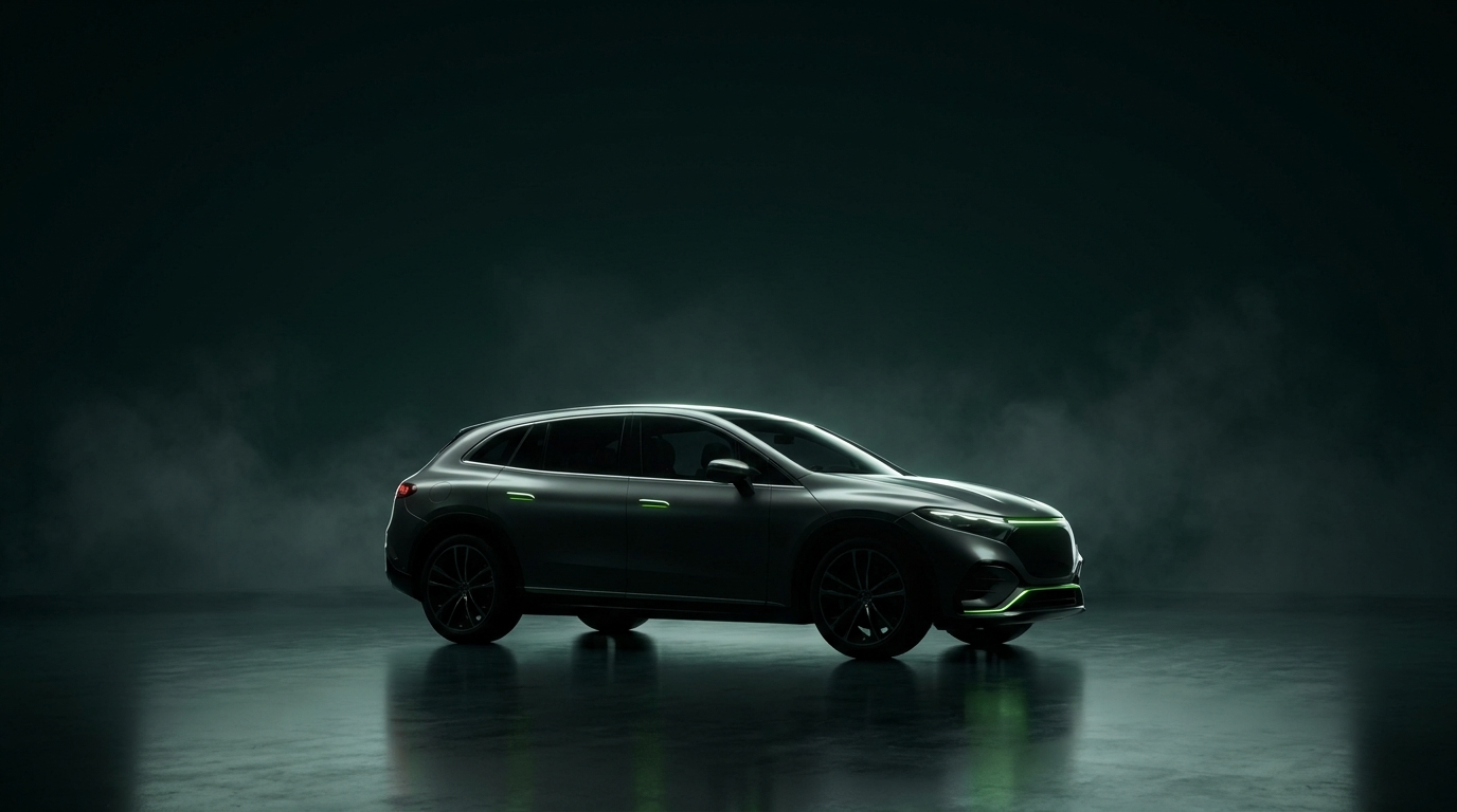 A modern electric SUV in a dark studio, outlined by volt-green light